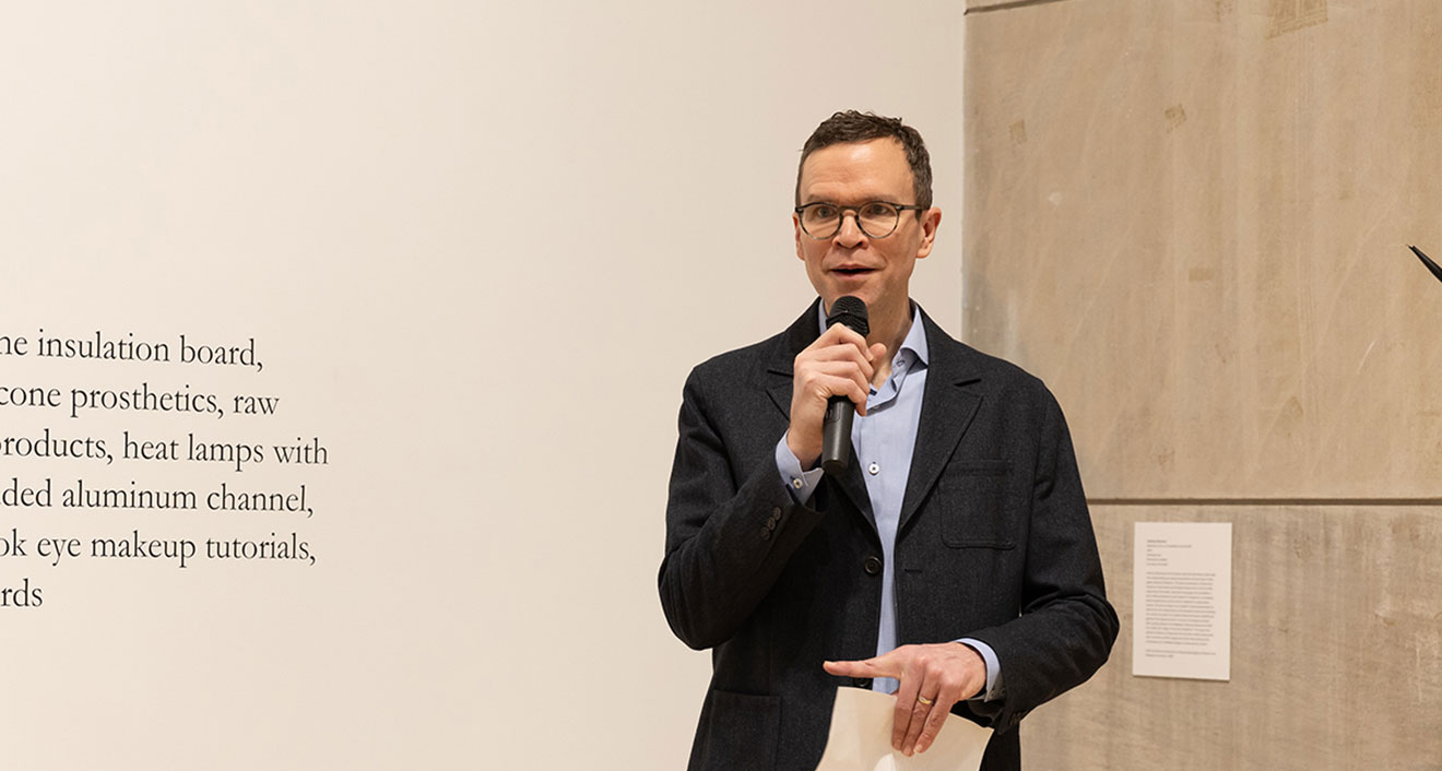 Associate Director of Visual Arts Benjamin Chaffee ’00 giving his remarks at the Center for the Arts. (Photo by Sandy Aldieri of Perceptions Photography. Image courtesy of Wesleyan University’s Center for the Arts.)