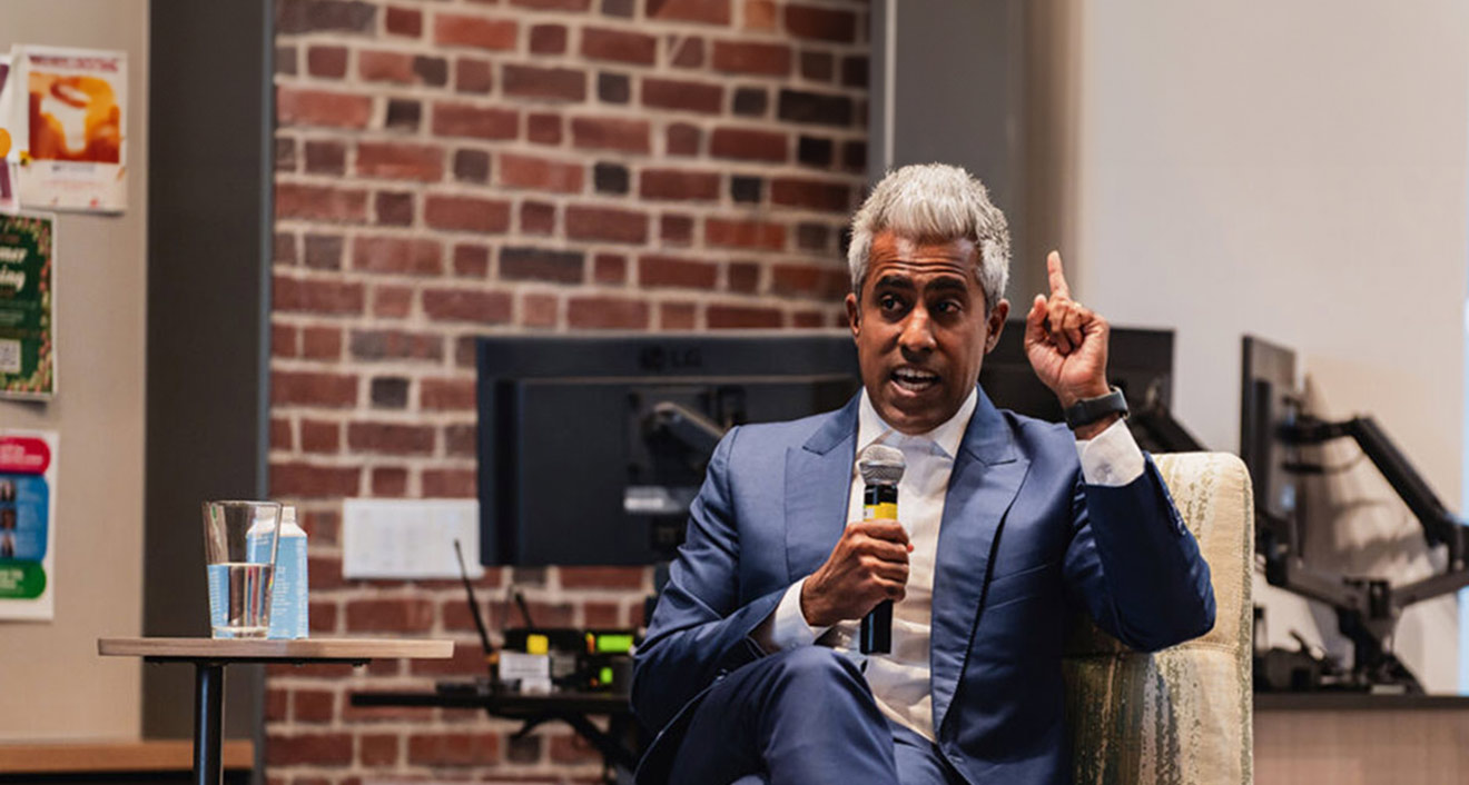 Journalist, Author, and Political Analyst Anand Giridharadas during a conversation with President Michael S. Roth ’78 to close the Democracy in Action convening. (Meka Wilson)