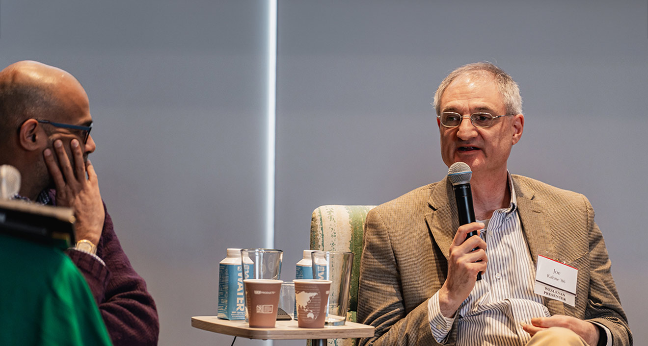 Joseph Kahne, co-director of the Civic Engagement Research Group at University of California, Riverside, speaks at Wesleyan’s Democracy in Action convening on Feb. 17. (Meka Wilson)
