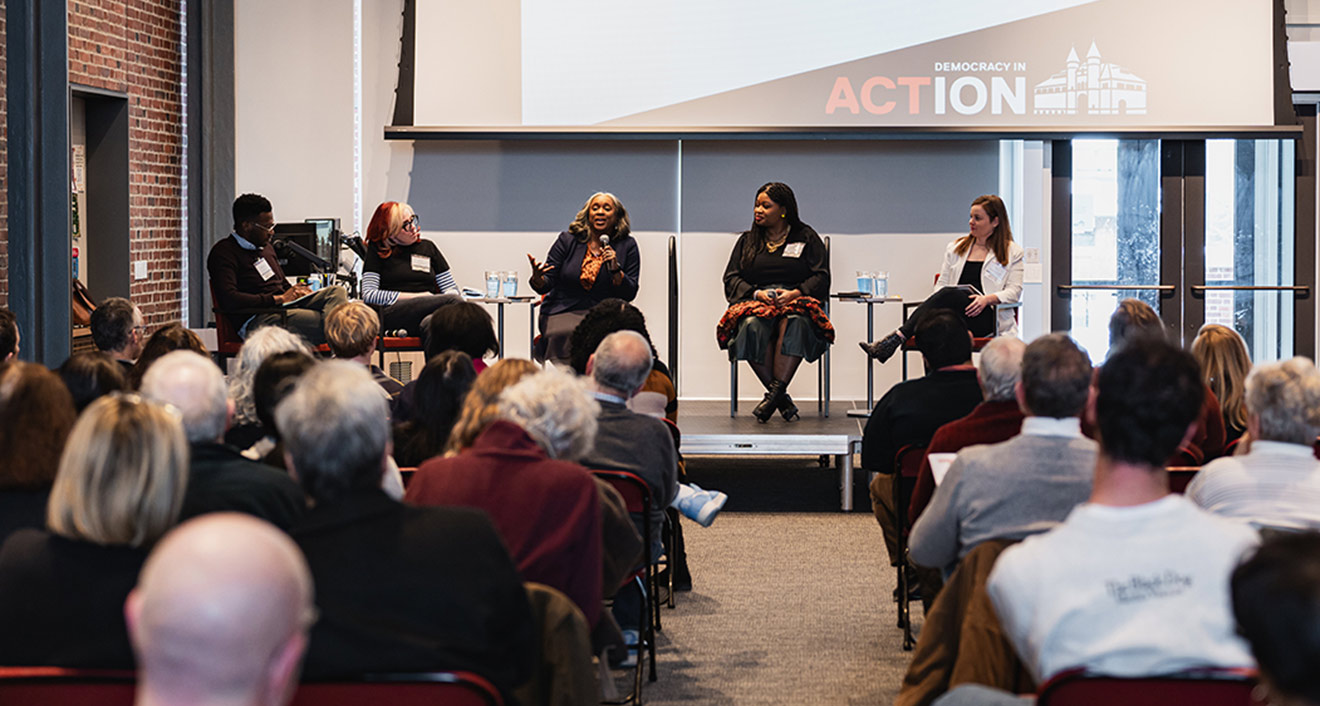 The Media and Democracy panel at Wesleyan’s Democracy in Action convening on Feb. 17. (Meka Wilson)