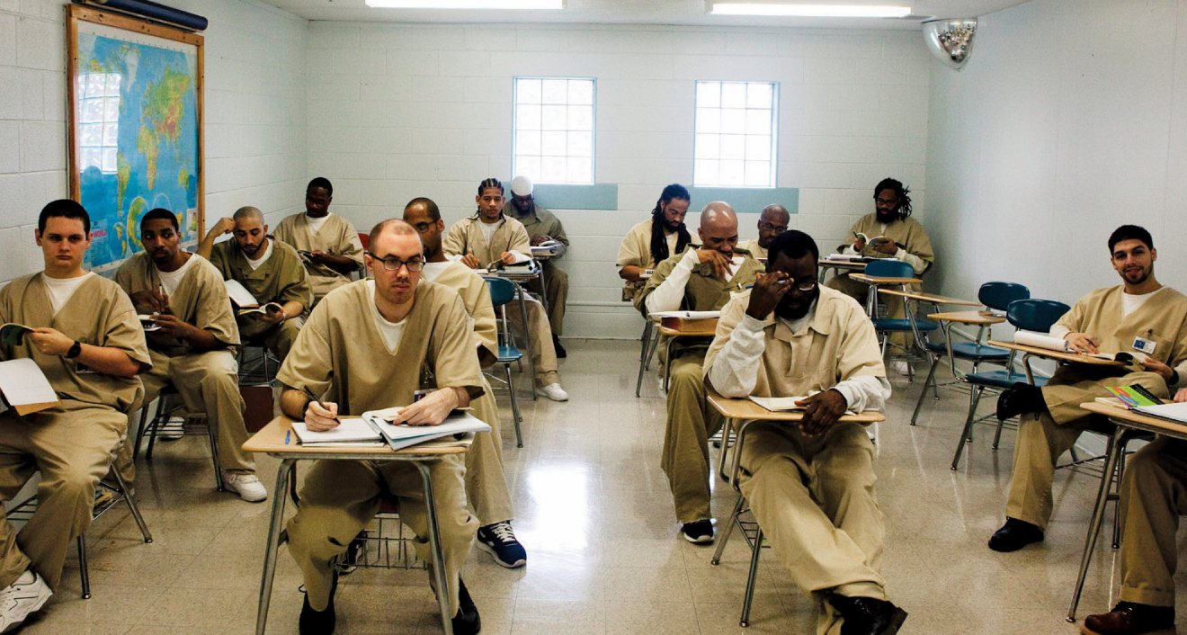 Students enroll in up to four courses a term at Cheshire (and York), attending classes and study halls in the prison’s school wing where they have offline access to limited library databases and digital course content and can bring their questions to student teaching assistants who make the trip from campus to the prisons. Photographs by Christopher Capozziello. All rights reserved.