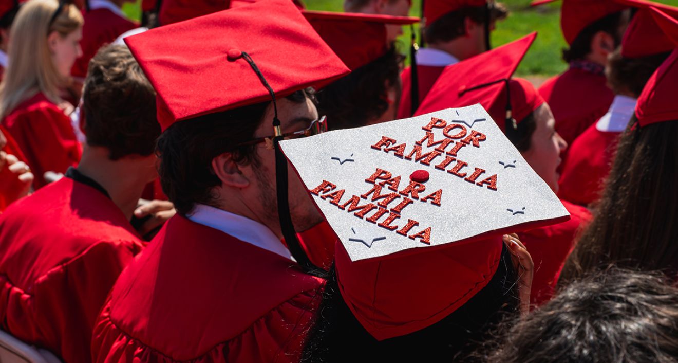 A student’s graduation cap at Wesleyan’s 192nd Commencement.