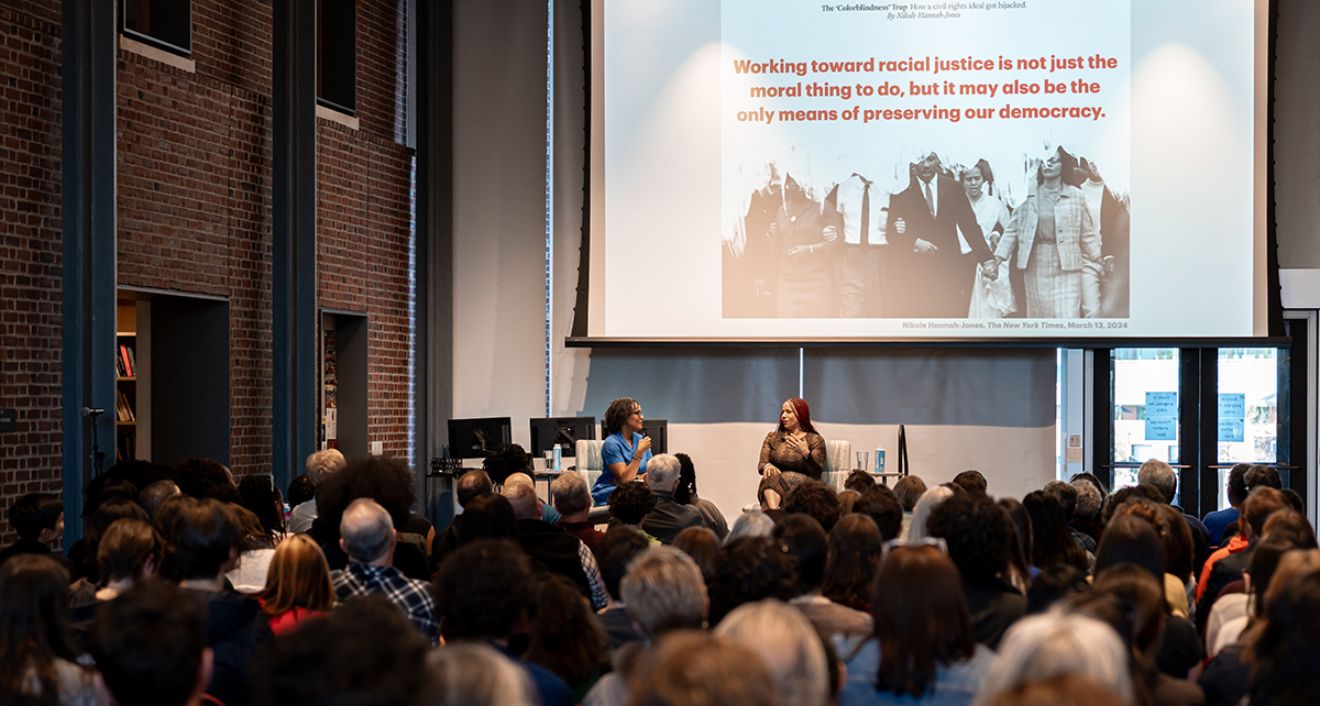 On April 25, reporter Nikole Hannah-Jones, Knight Chair in Race and Journalism at Howard University, came to Wesleyan to discuss The New York Times’ “1619 Project” and the danger of a democracy that requires constant repression. (Photo by Meka Wilson)