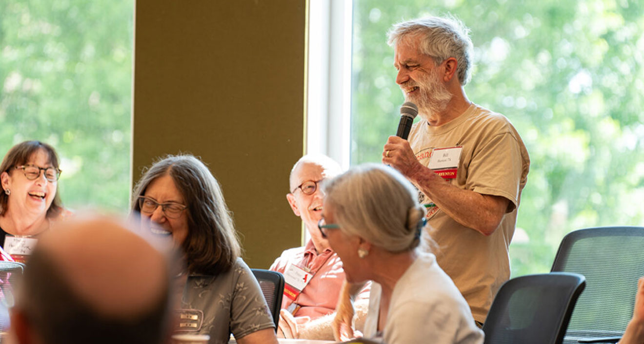Bill Burton ’74 talks about his Wesleyan experience at the Class of 1974 “I Never Knew You” event on May 25. (Photo by Meka Wilson)