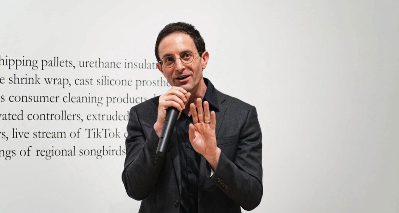Joshua Lubin-Levy ’06 speaks at the exhibition opening party for “Always Being Relation: 50 Years of the Gallery at the CFA” in January 2024.
