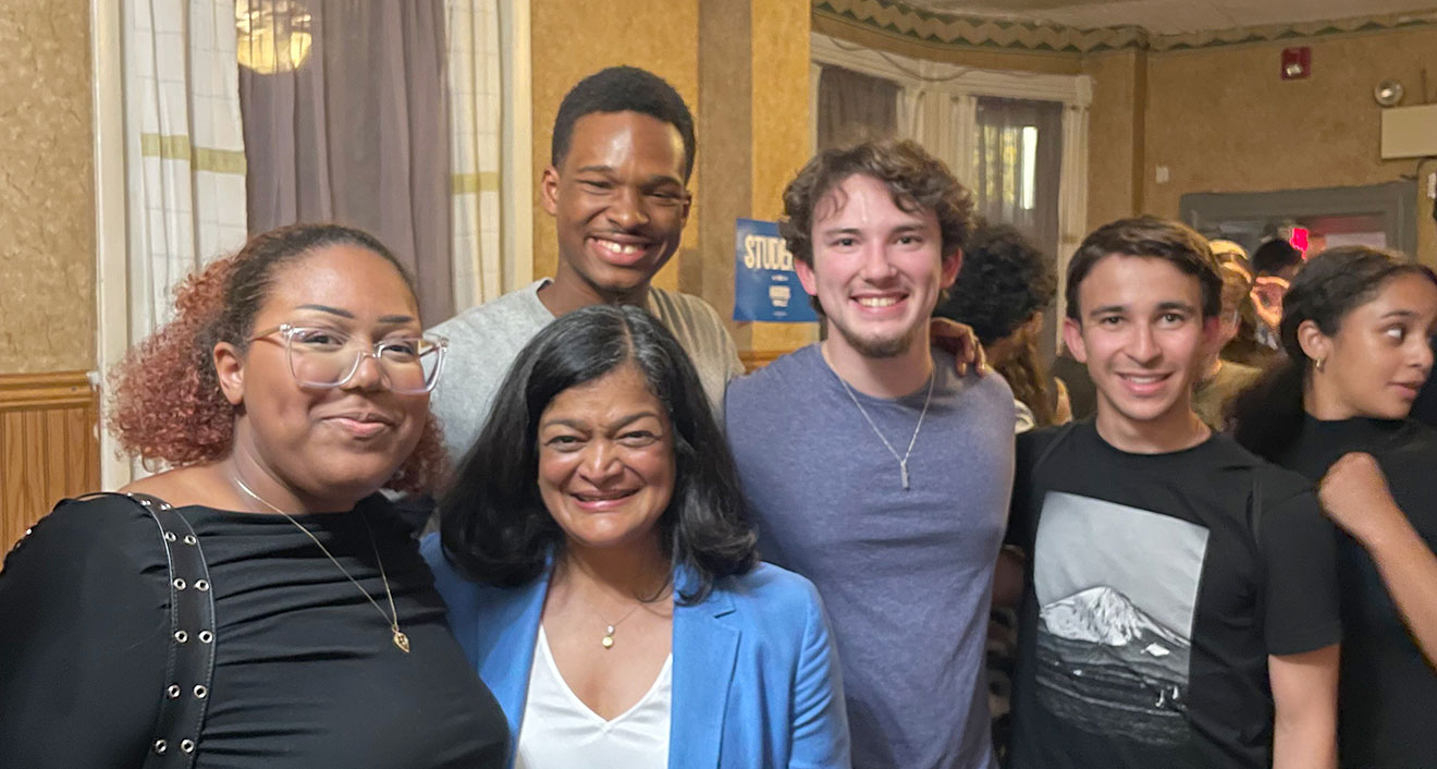 Wesleyan students with Washington Rep. Pramila Jayapal (center-left) during a recent canvassing trip in Philadelphia. (Photo courtesy of Celeste McKenzie ’27)