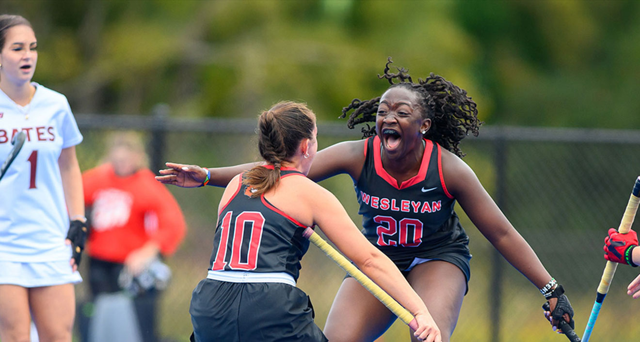 Helen Deretchin ’25 (left) celebrates with Imani Ochieng ’25 (right) against Bates on Sept. 21. (Photo by Steve McLaughlin)