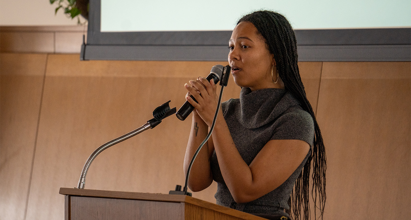 Hyacinth Tauriac ‘25 sings a verse of the “Lift Every Voice and Sing,” the Black National Anthem, at the Dr. Martin Luther King, Jr. Commemorative Luncheon on Feb. 11. (Photo by Mike Mavredakis)