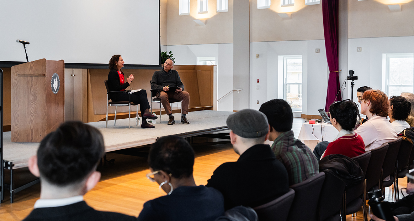 Emily Bazelon, staff writer at New York Times Magazine, (left) and President Michael S. Roth ’78 (right) speak at the 32nd annual Hugo L. Black Lecture on March 31. (Photo by Meka Wilson)
