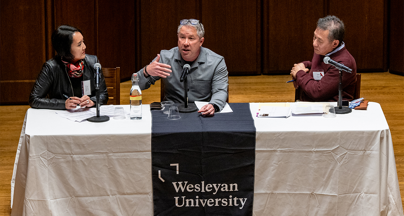 Saeyun Lee '93 moderated the conversation between John Yang '80 and Daniel Martinez HoSang '93.