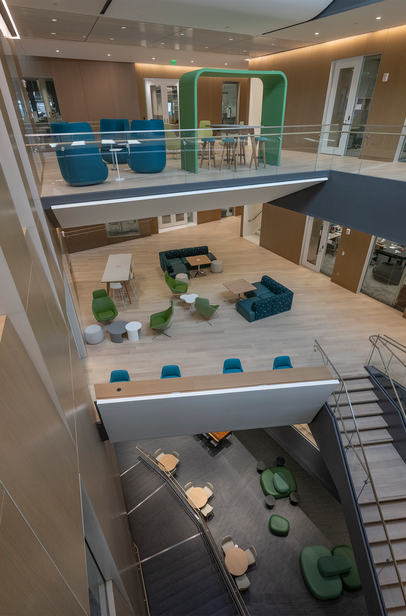 Looking out from the fourth floor of the Casper Life Science Building. Its open, transparent floor plan was built specifically to foster connection and collaboration.