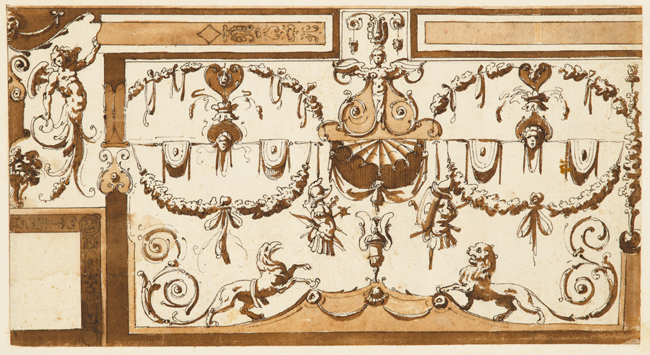 Unidentified Italian artist, Untitled drawing of grotesque ornament panels.
