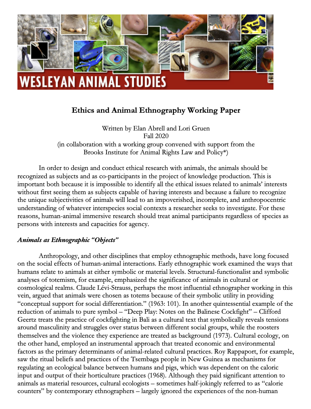 Ethics and Animal Ethnography, Animal Studies - Wesleyan University