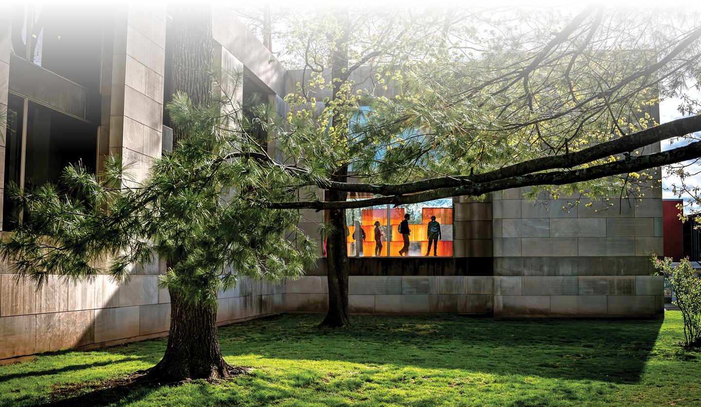 Exterior of limestone gallery with pine trees and people visible in window 