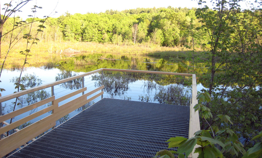 Wood and metal deck platform overlooking pond with trees