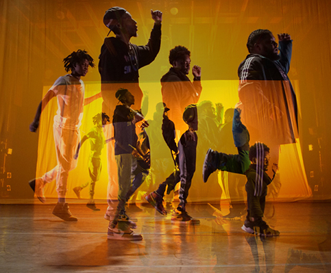 Collage of dancers with orange overlays and background 