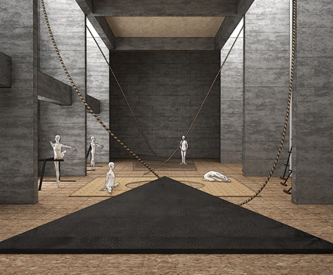 Rendering of interior of Zilkha main gallery of installation with ropes, bars, and white figure with black rectangular shape in foreground