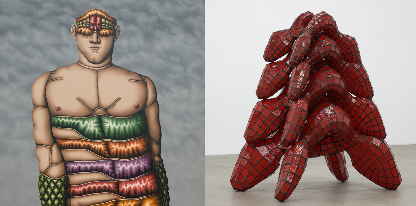Left: Painting of man with sunglasses  Right: Red and black sculpture on gallery floor 
