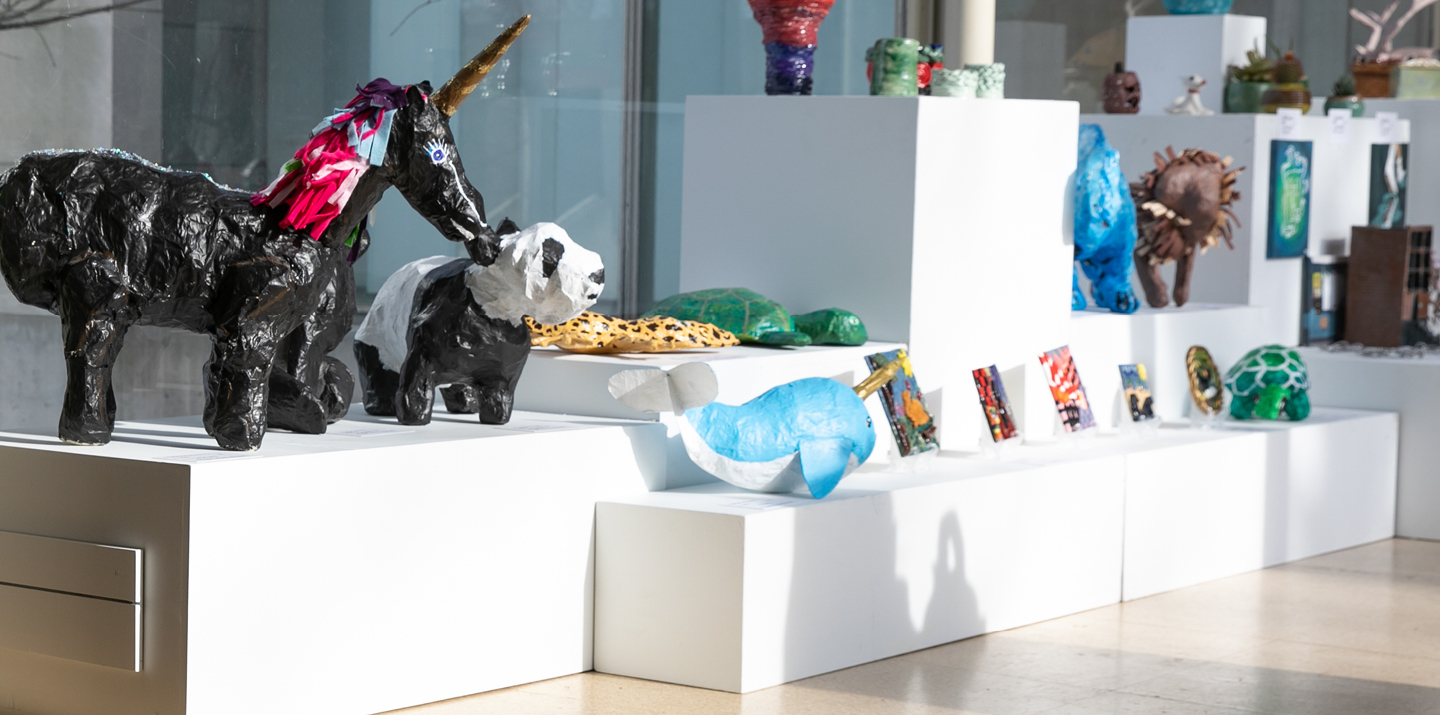 Artwork on pedestals in gallery