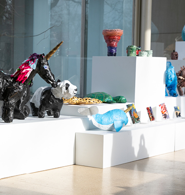 Artwork on pedestals in gallery