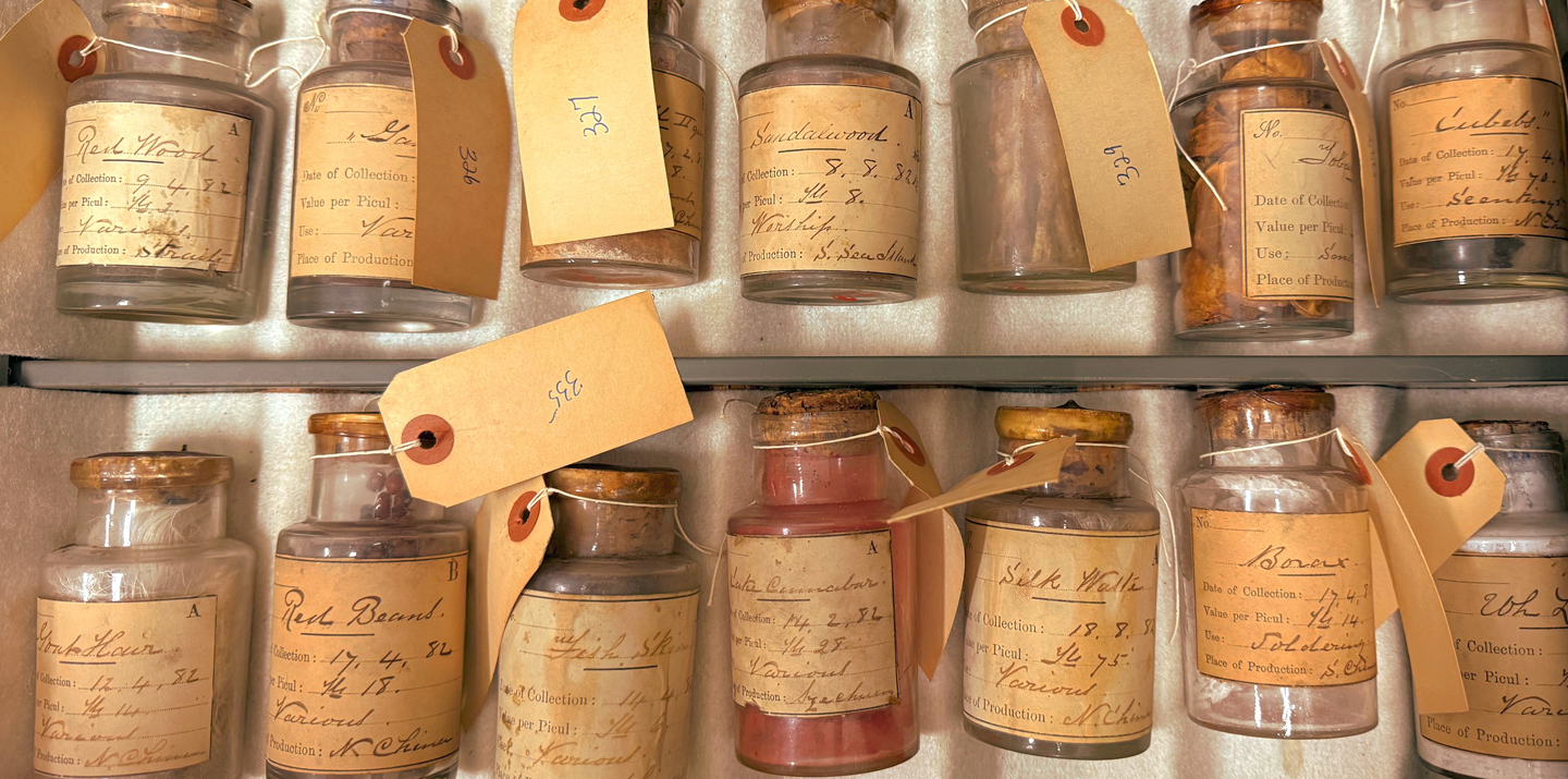 Specimen bottles of Chinese imports and exports. Photo by Laura Nadelberg. Mystic Seaport Museum.