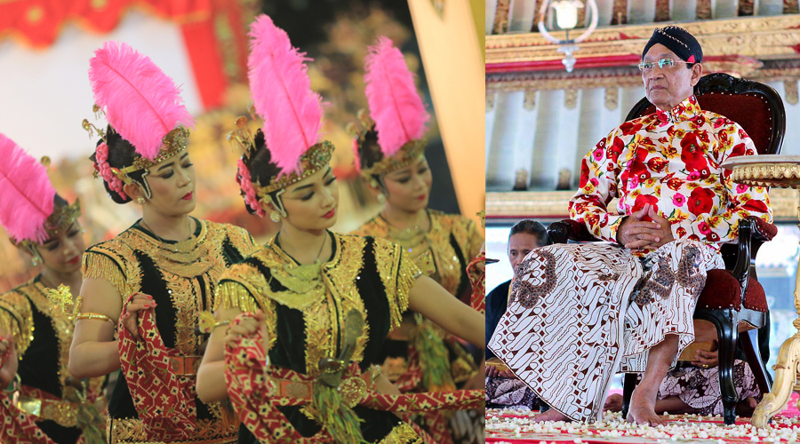 Sri Sultan Hamengkubuwono X of the Kasultanan court of Yogyakarta and court dancers.