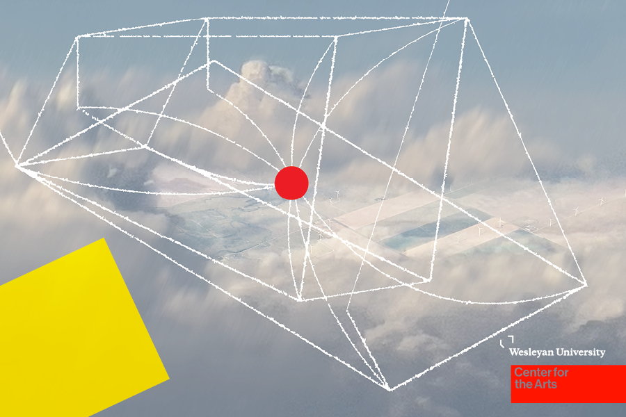 Clouds and white lines with red dot