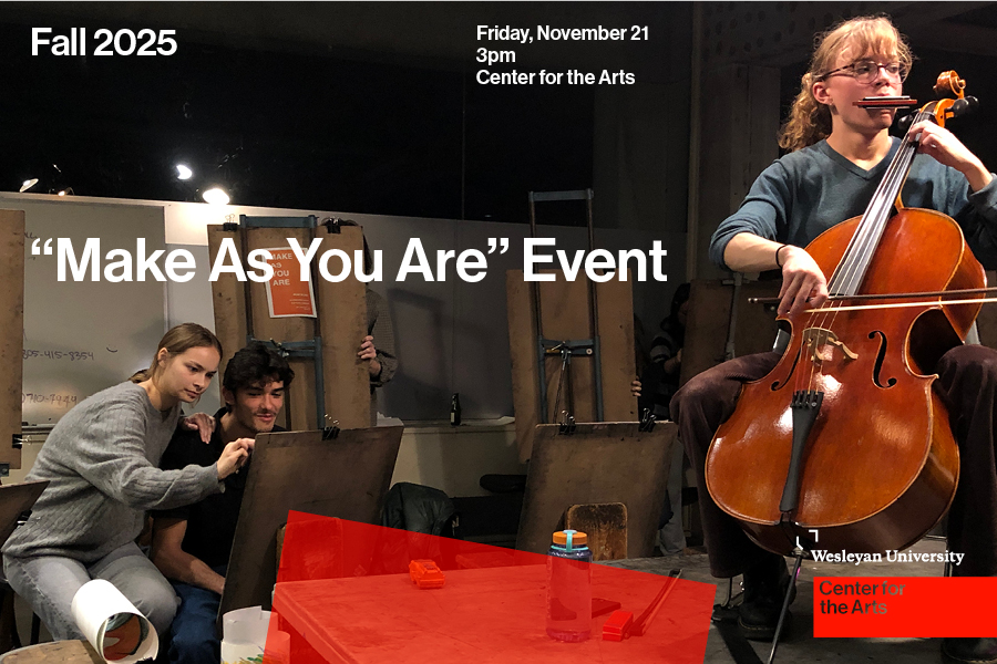 Woman playing harmonica and cello while students discuss drawing