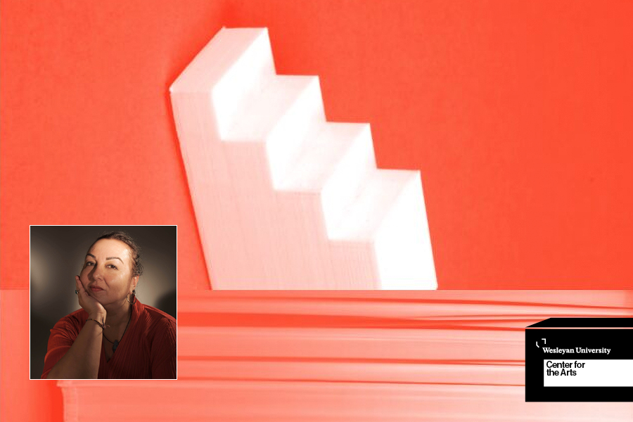 Orange and white abstract print and inset headshot of Marie de Brugerolle