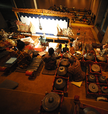 Interior of music hall with Javanese gamelan instruments