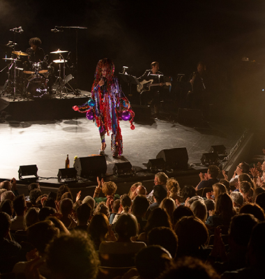 Interior of theater with seats seen from stage 