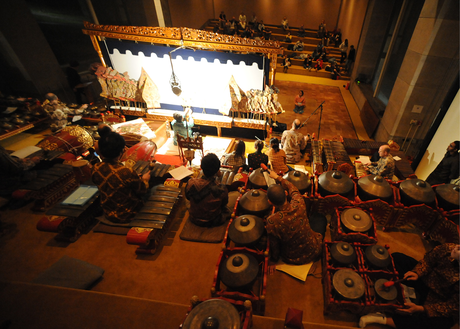 Interior of music hall with Javanese gamelan instruments  