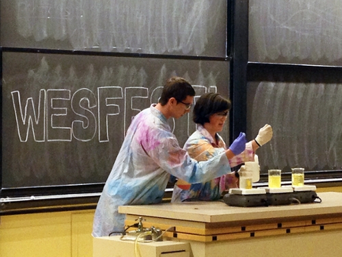 Mackenzie Schlosser '16 and Jake Katofsky '16 demonstrating ability of human blood to maintain a stable pH