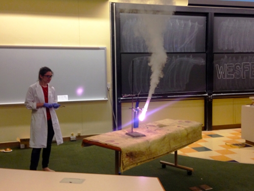 Lexie Malico '16 uses molten potassium permanganate to rapidly oxidize the sugar in a gummy bear