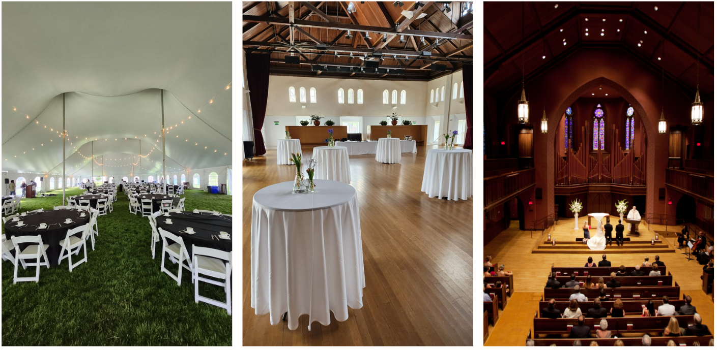 Photo collage of an event under a tent, bistro tables in Beckham Hall, and a wedding ceremony in the chapel