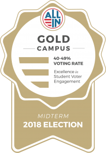 Gold Ribbon with the text: ALL IN GOLD CAMPUS. 40-49% voting rate. Excellence in student voter engagement. Midterm 2018 election.