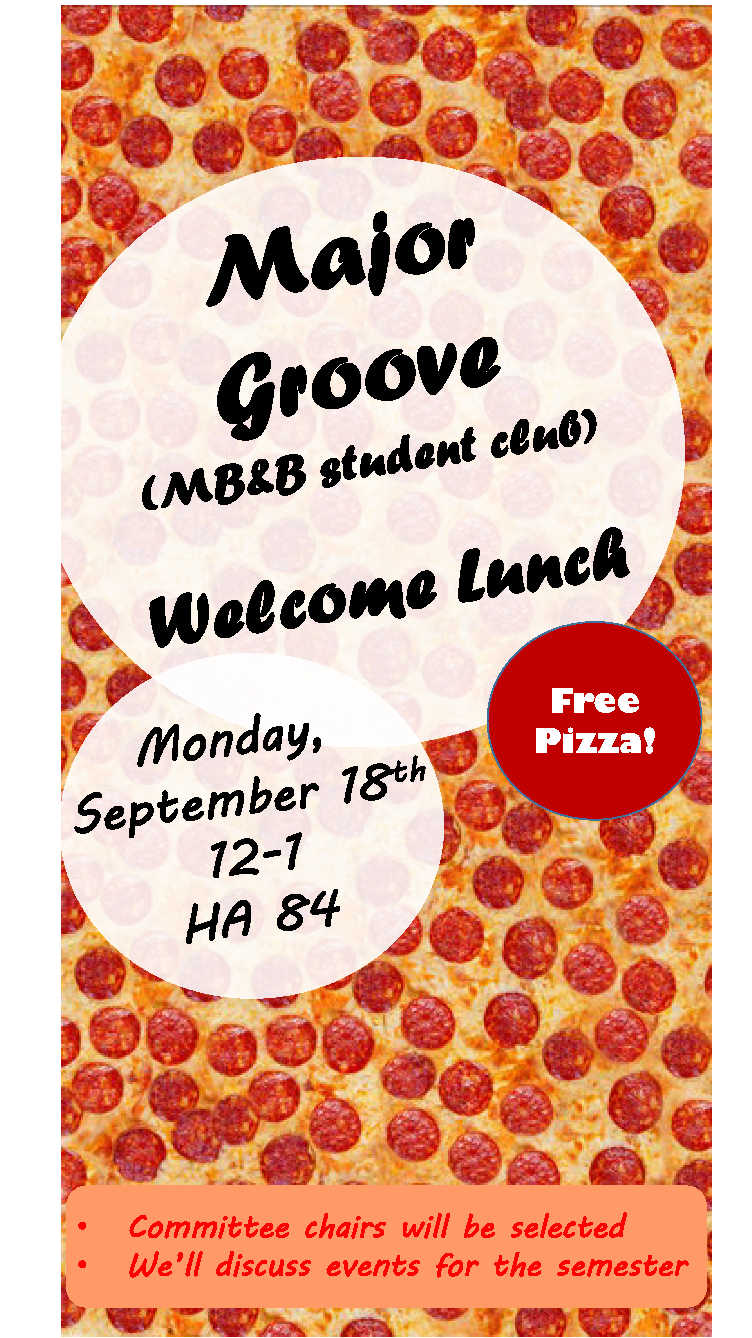 Major Groove Welcome Lunch August 18th from noon to 1pm Hall Atwater 84