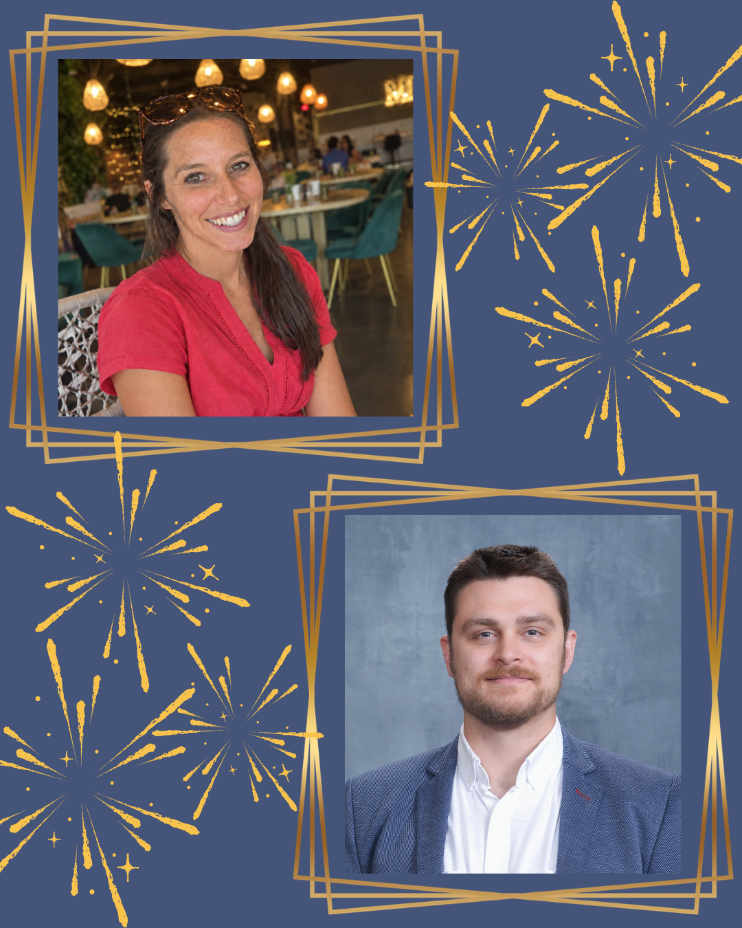Meagan and Alex Headshots in Frames with Celebration Icons