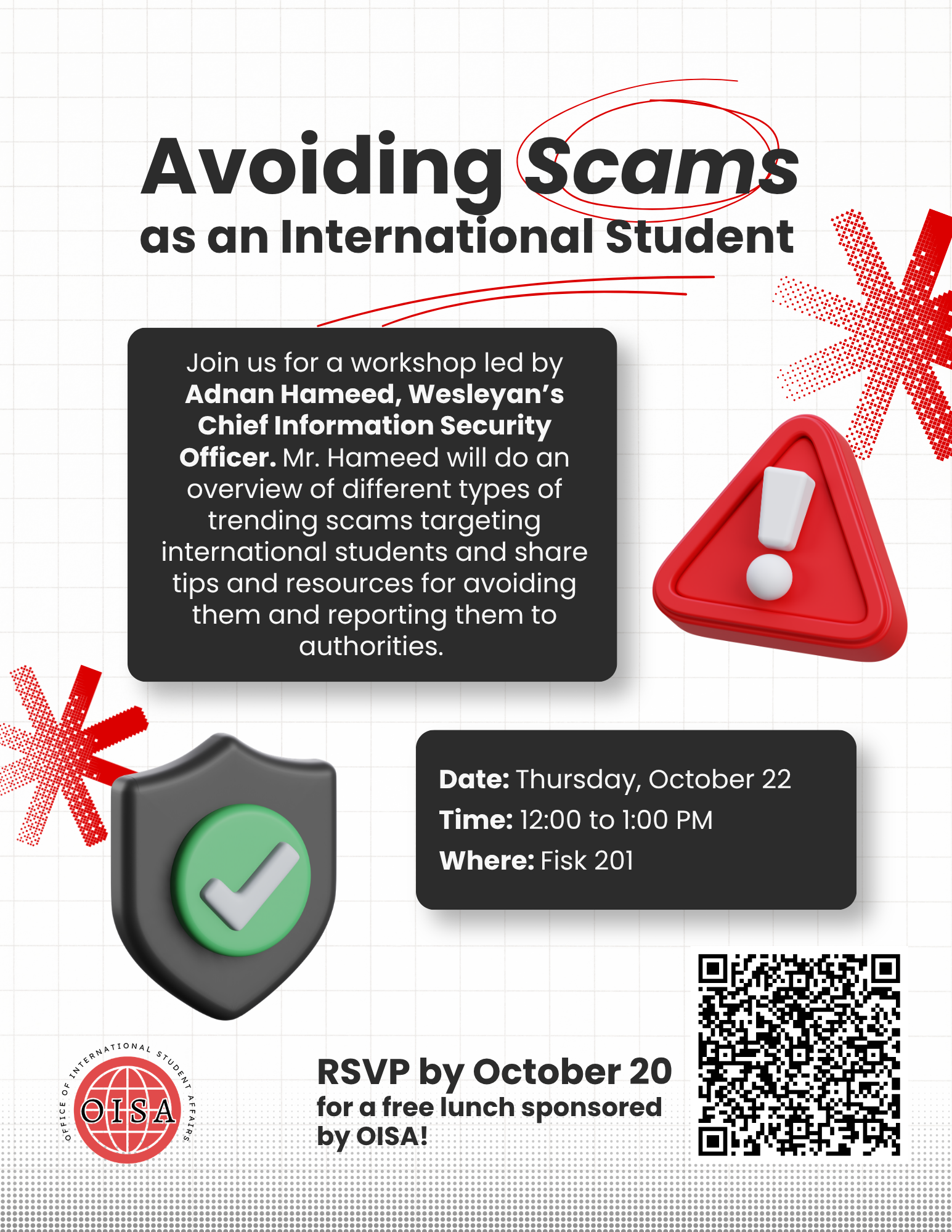 Flyer for Avoiding Scams as an International Student Workshop