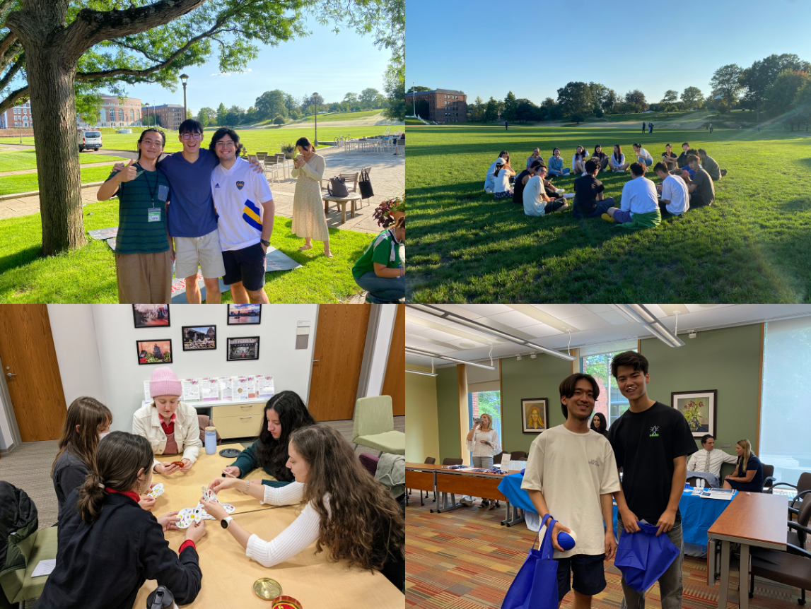 Collage of 4 photos: 1) 3 male students hugging outdoors on a summer day; 2) a group of students sitting in a circle on Foss Hill; 3) a groups of female students playing cards in the classroom; 4) two friends smiling at a workshop