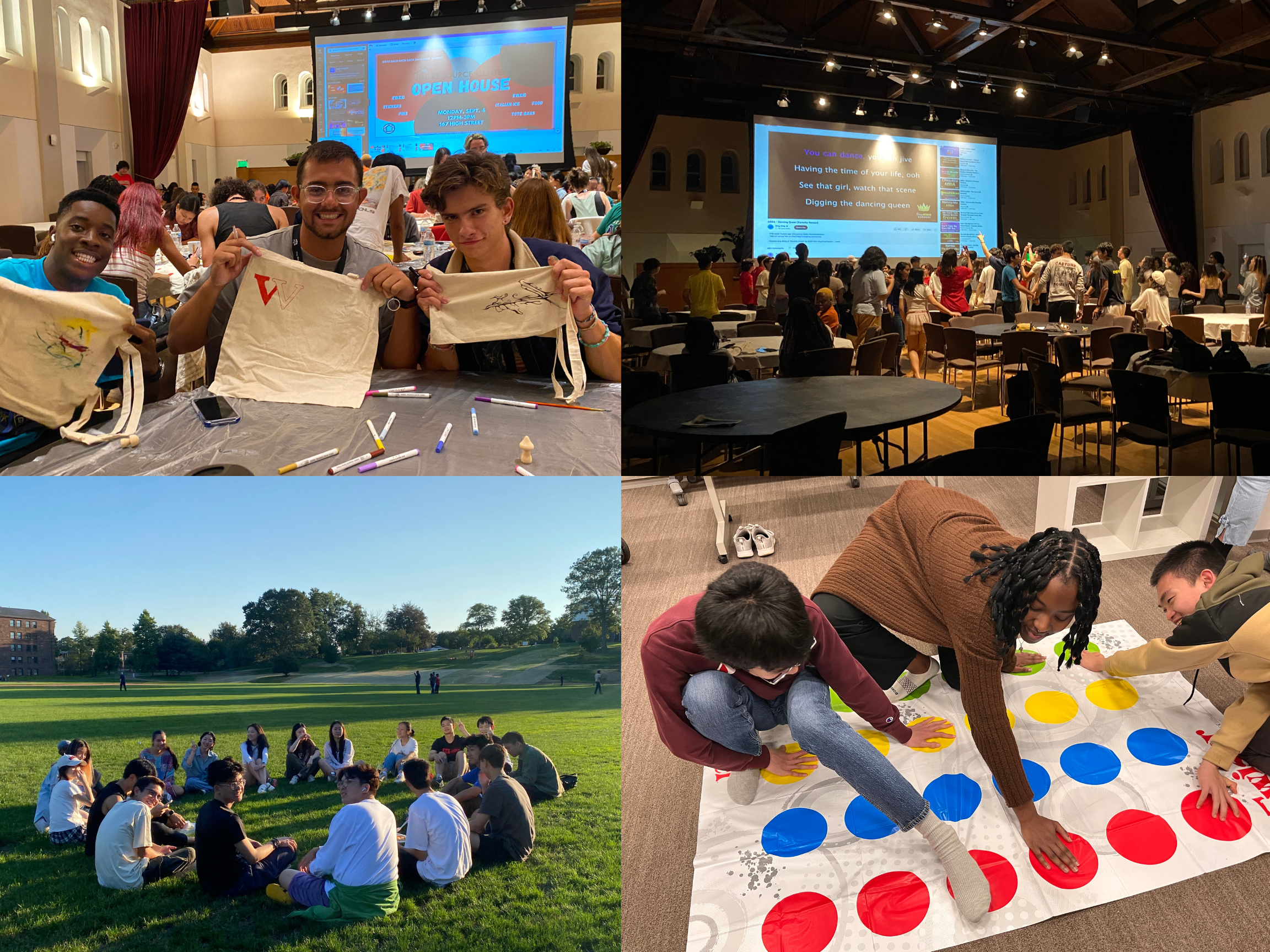 Collage of 4 photos: 1) 3 students displaying their tote-bags at DYI Tote-Bag Workshop during Orientation; 2) a big group of students singing at Karaoke night in Beckham Hall; 3) a group of students sitting in a circle on Foss Hill; 4) three students playing Twister 