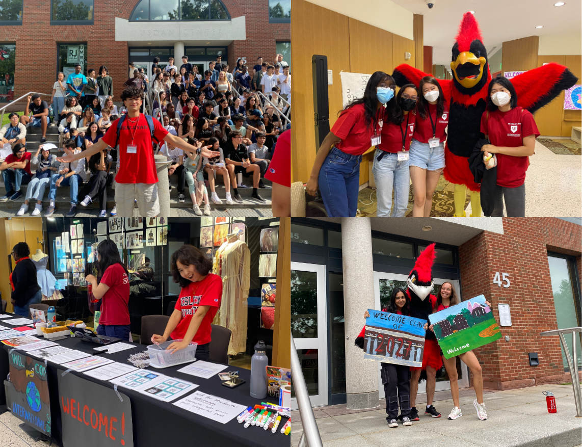 Collage of 4 photos from International Student Orientation 2023: 1) Orientation Leader in red Wesleyan shirt in front of the group of new students; 2) Wes mascot - cardinal with 4 orientation leaders wearing masks; 3) orientation leader at check-in table with a "welcome" sign; 3) Cardinal mascot with 2 orientation leaders holding "welcome class 2027" posters at USDAN arrival site 