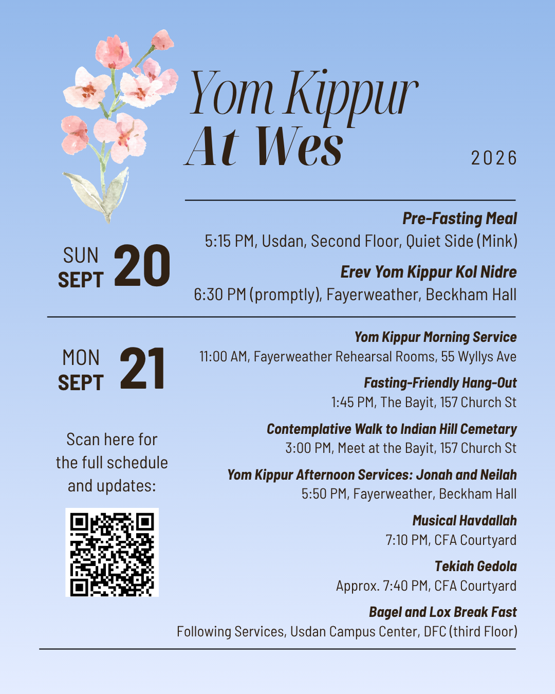 Poster with list of Yom Kippur services and gatherings for 2026