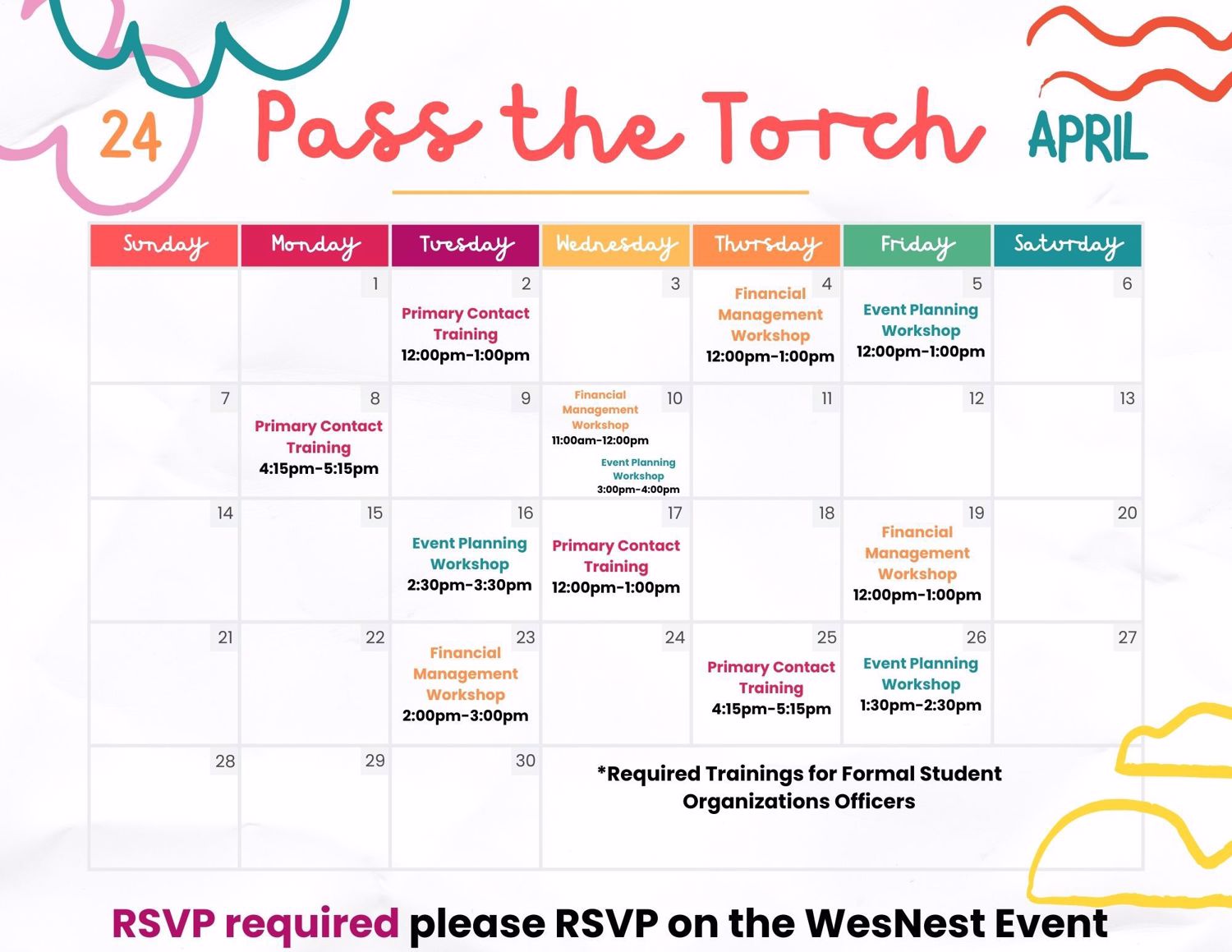 Calendar of Pass The Torch workshops for April