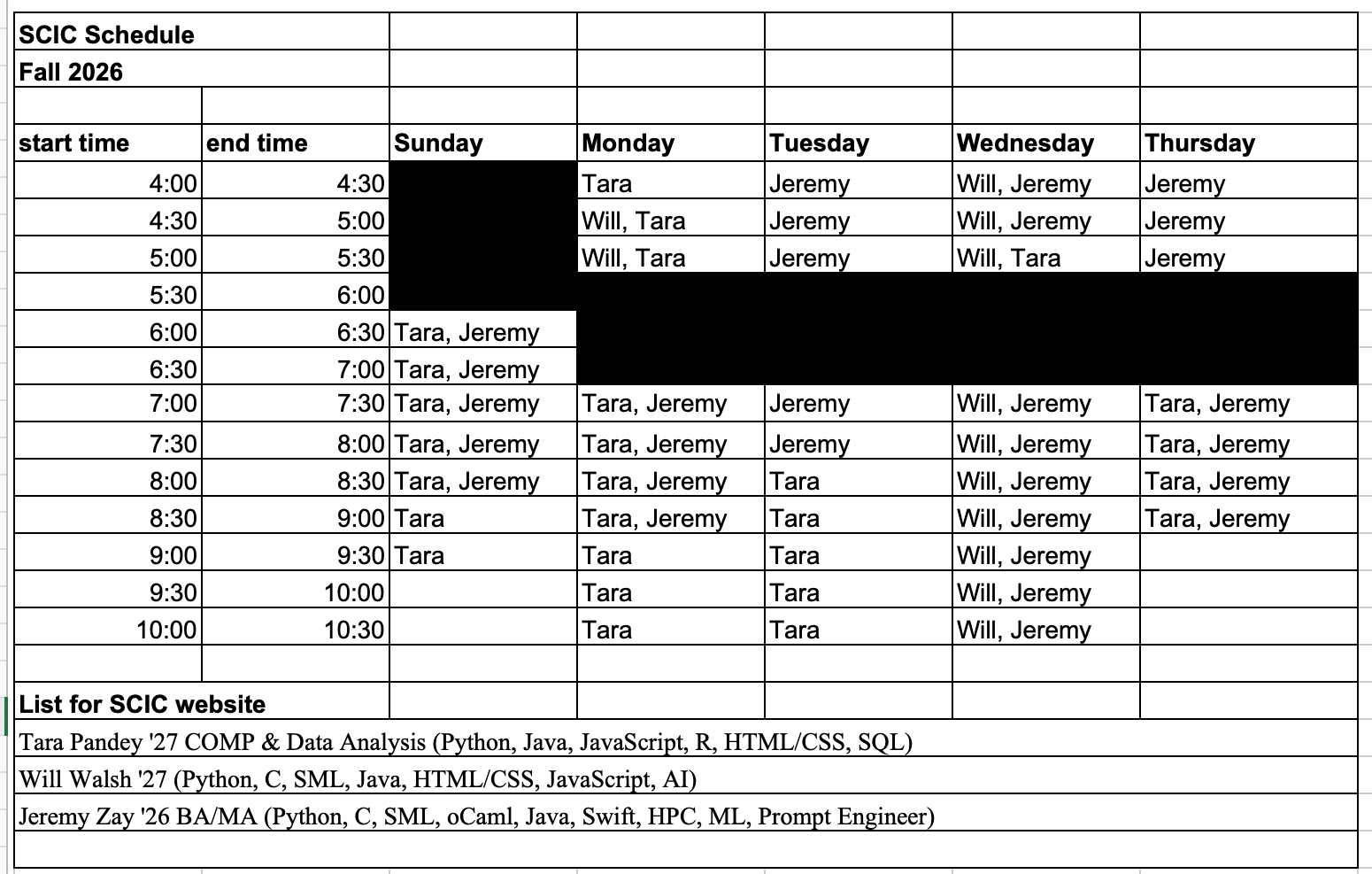 SCIC Fall 2026 Tutor Schedule