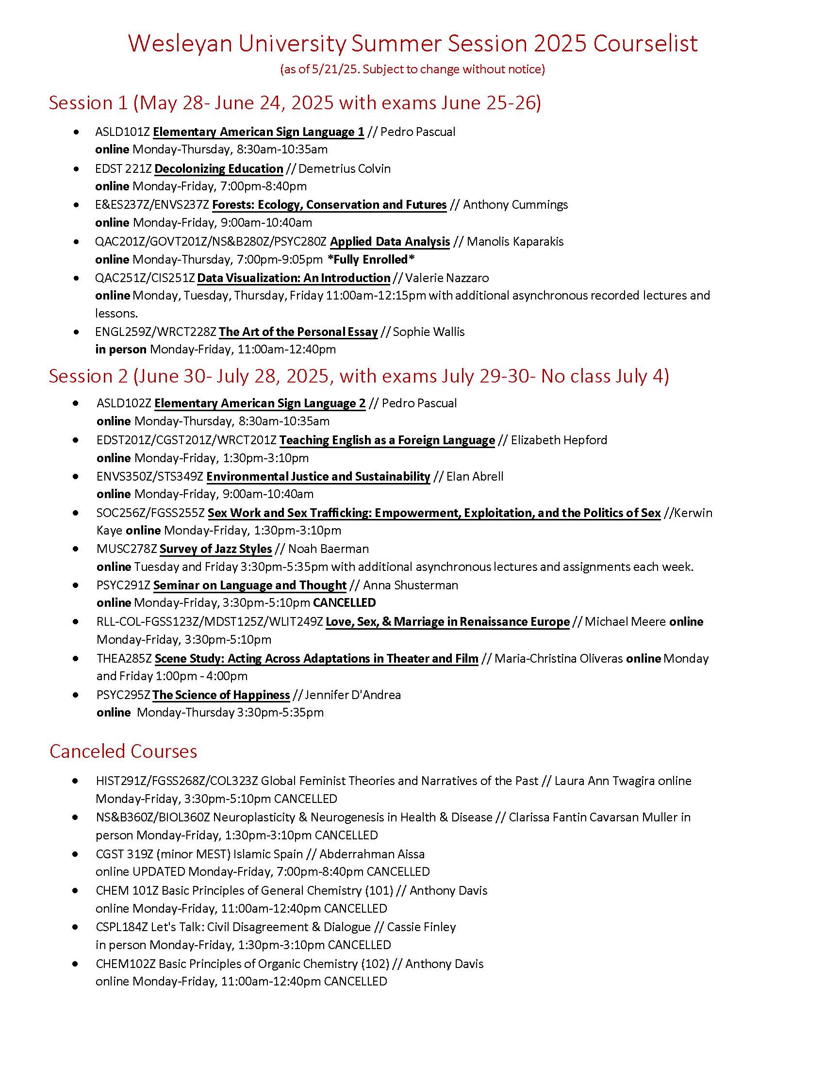 Image of Wesleyan Summer Session 2025 course list