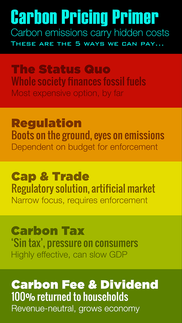 Carbon pricing options: status quo, regulation, cap & trade, carbon tax, carbon fee & dividend