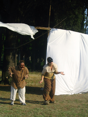 Molly Gaebe, in Florence, Italy in the summer ’06 at the Commedia dell’Arte: The Actor as Creator, Clown, Poet program. Molly (on right) dressed as a stock commedia character for the final class show.