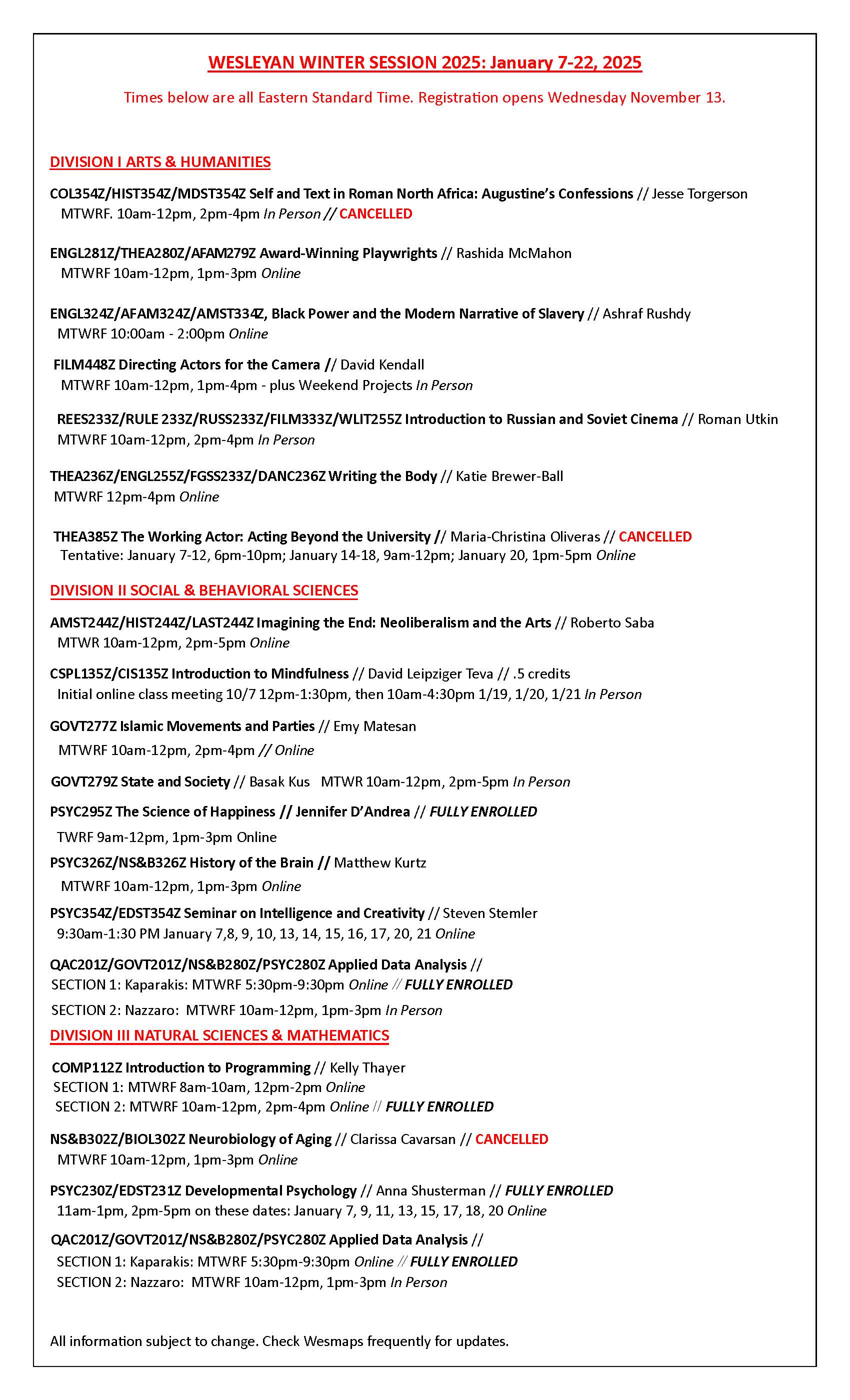Winter Session Course Flyer