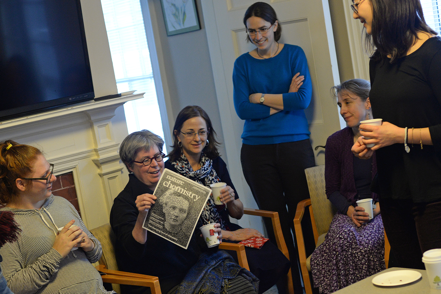 Michelle Francl, professor of chemistry on the Clowes Fund for Science and Public Policy at Bryn Mawr College, discusses her commentary entitled “Sex and the Citadel of Science" published in Nature Chemistry.  Professors Janice Naegele, Meredith Hughes, Amy MacQueen and students look on.